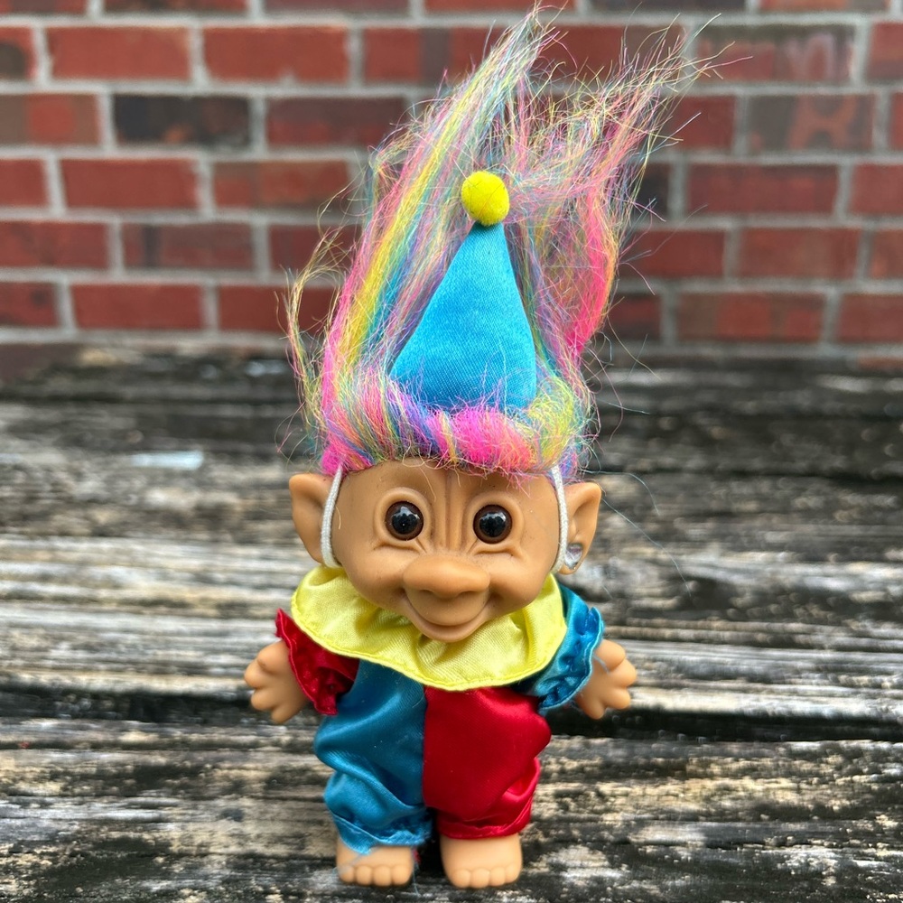 Vintage 80’s/90’s Bright of America Rainbow Troll Doll w/ Clown Costume & Hat G2